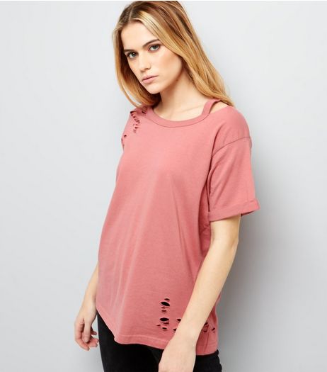 Mid Pink Ripped Cut Out Shoulder T-Shirt | New Look