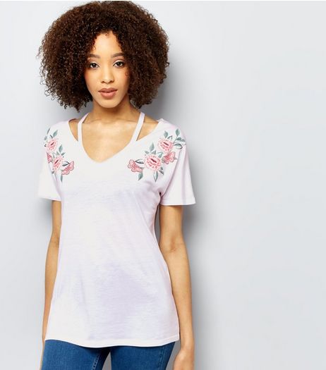 White Floral Embroidered Style Cut Out T-Shirt | New Look