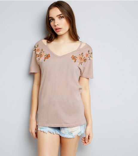 Pink Floral Embroidered Cut Out T-Shirt | New Look