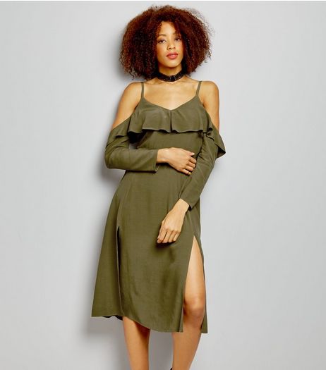 Khaki Frill Trim Cold Shoulder Split Side Midi Dress | New Look