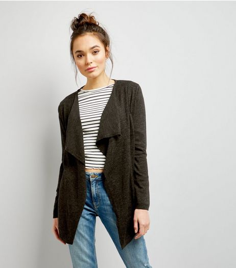 Khaki Fine Knit Waterfall Cardigan | New Look