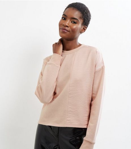 Shell Pink Sateen Panel Long Sleeve Sweater | New Look