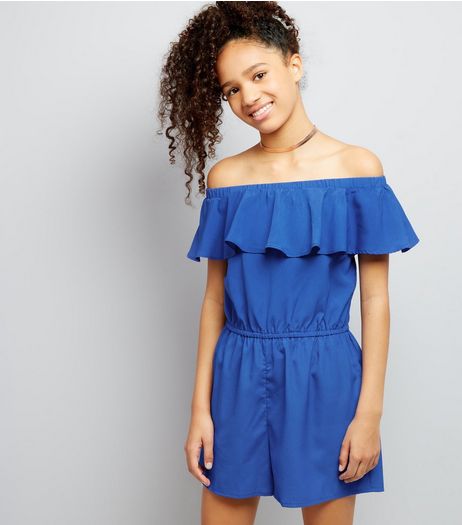 Teens Blue Frill Trim Bardot Neck Playsuit | New Look