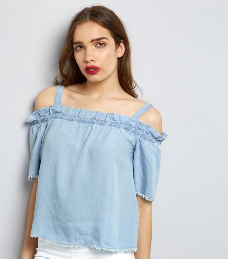 Noisy May Blue Frill Trim Cold Shoulder Top | New Look