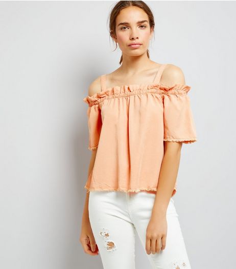 Noisy May Coral Frill Trim Cold Shoulder Top | New Look