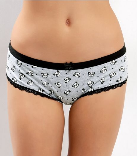 Grey Panda Print Lace Trim Briefs | New Look