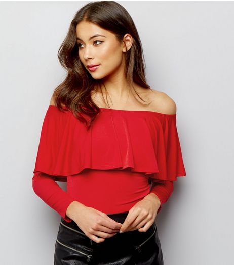 Red Frill Trim Long Sleeve Bardot Neck Bodysuit | New Look
