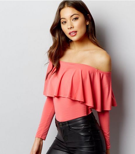 Peach Frill Trim Bardot Neck Long Sleeve Bodysuit | New Look