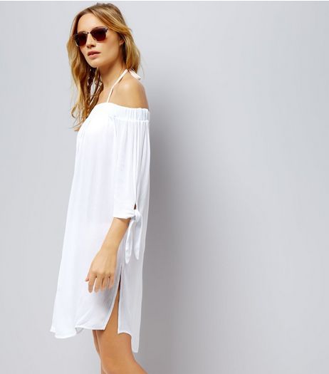 White Bardot Neck Beach Dress | New Look
