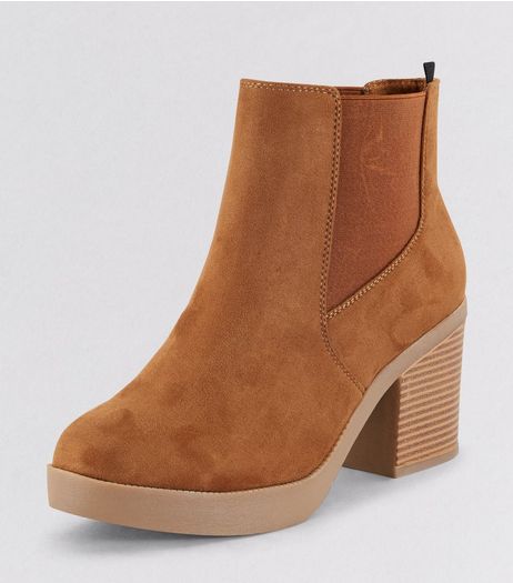 Wide Fit Tan Suedette Chunky Heeled Boots | New Look