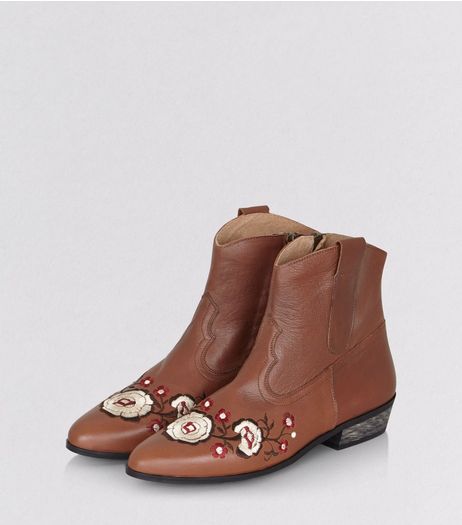 Tan Leather Floral Embroidered Western Boots | New Look