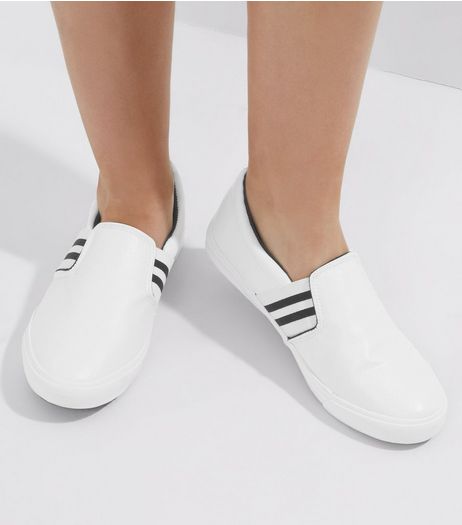 Wide Fit White Stripe Side Slip On Trainers | New Look