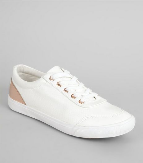 Wide Fit White Perforated Metal Trim Trainers | New Look