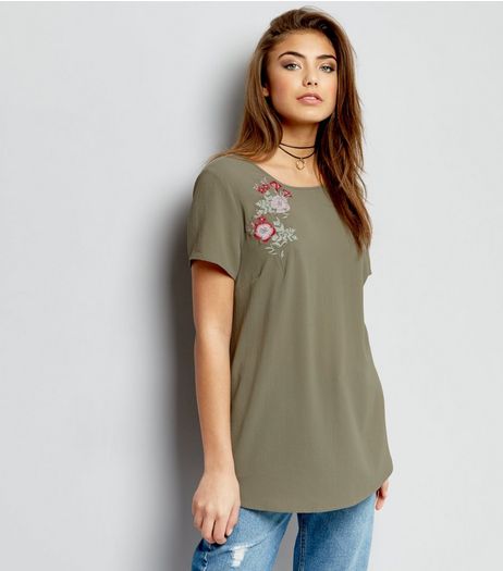 Khaki Floral Embroidered Short Sleeve T-Shirt | New Look