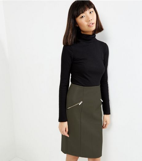 Khaki Zip Trim Leather-Look Pencil Skirt | New Look