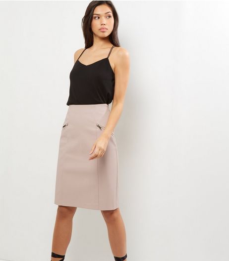 Shell Pink Zip Trim Leather-Look Pencil Skirt | New Look
