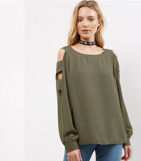 Khaki Cut Out Cold Shoulder Panel Top | New Look