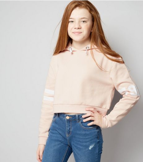 Teens Shell Pink Stripe 96 Print Sleeve Hoodie | New Look