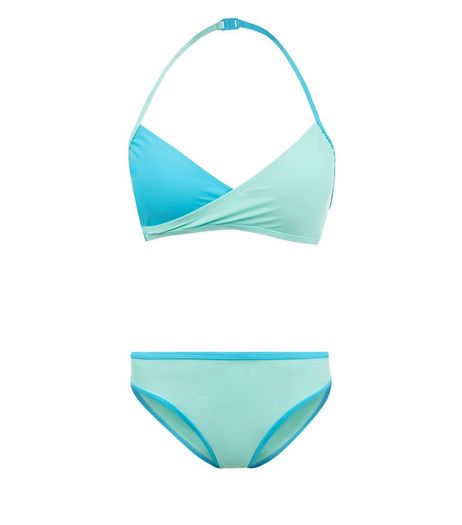 Teens Turquoise Colour Block Wrap Front Bikini | New Look