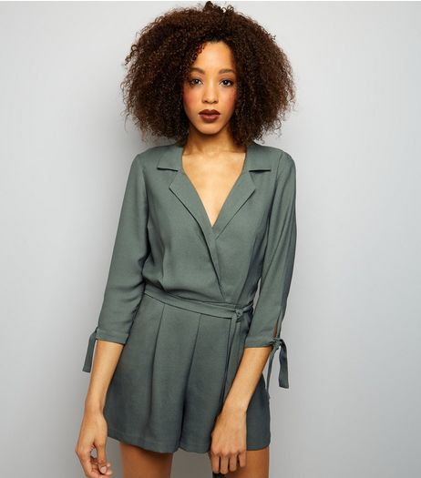Khaki Sateen 3/4 Tie Sleeve Playsuit | New Look
