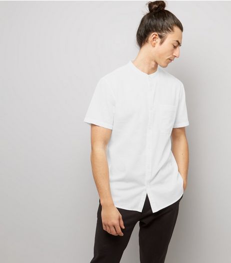 White Textured Short Sleeve Grandad Collar Shirt | New Look