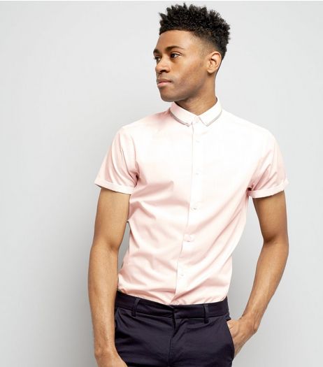 Light Pink Contrast Trim Collar Hopsack Shirt | New Look