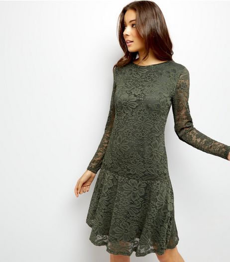 Khaki Lace Drop Peplum Hem Long Sleeve Tunic Dress | New Look