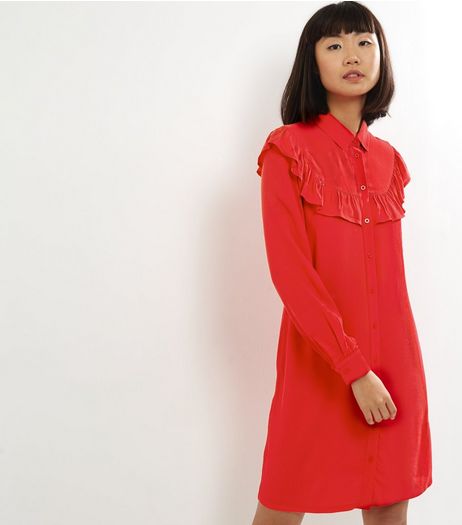 Red Frill Trim Long Sleeve Shirt Dress | New Look