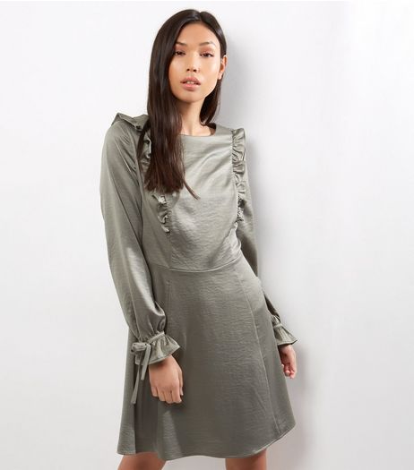 Khaki Sateen Frill Trim Skater Dress | New Look