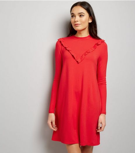 Red Frill Trim Jersey Dress | New Look