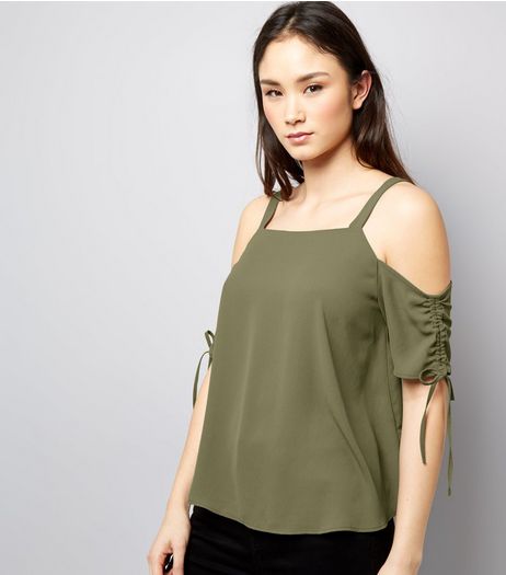Khaki Gathered Sleeve Cold Shoulder Top | New Look