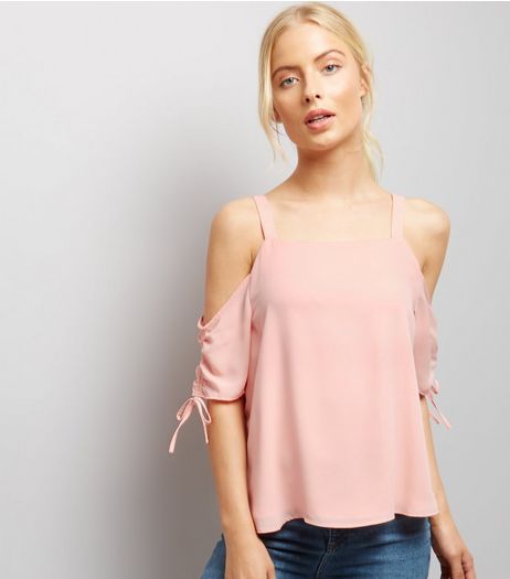 Pink Ruche Sleeve Cold Shoulder Top | New Look