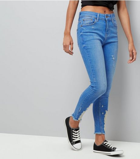 Petite Blue Ripped Hem Skinny Jeans | New Look