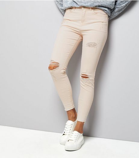 Petite Shell Pink Ripped Knee Skinny Jeans | New Look