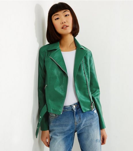 Green Belted Leather-Look Cropped Biker Jacket | New Look