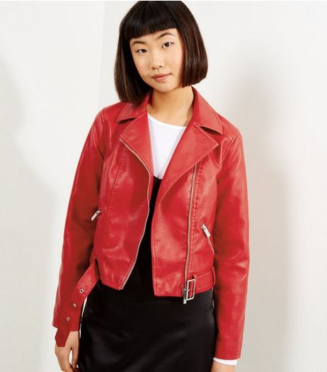 Red Belted Leather-Look Cropped Biker Jacket | New Look