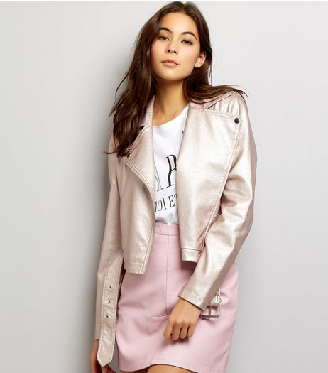 Pink Metallic Leather-Look Biker Jacket | New Look