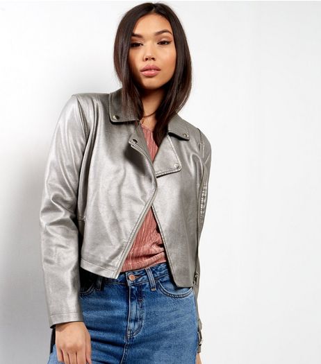 Silver Metallic Leather-Look Biker Jacket | New Look