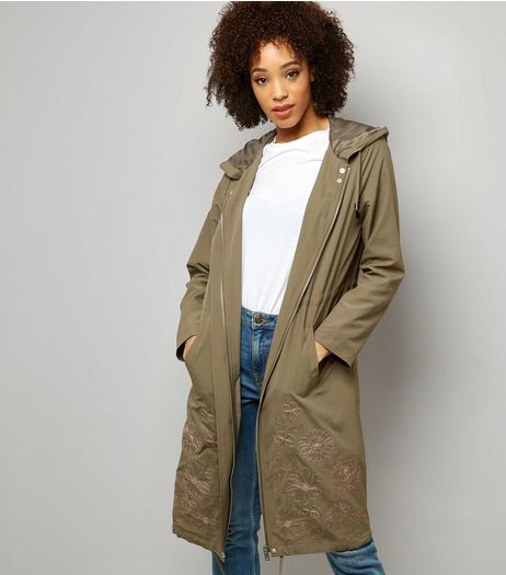 Khaki Floral Embroidered Hooded Duster Coat | New Look