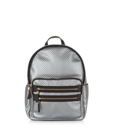 Silver Metallic Quilted Backpack | New Look