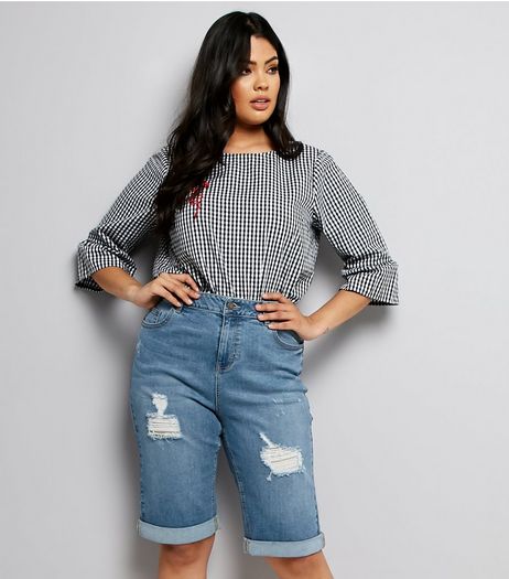 Curves Blue Ripped Denim Shorts | New Look