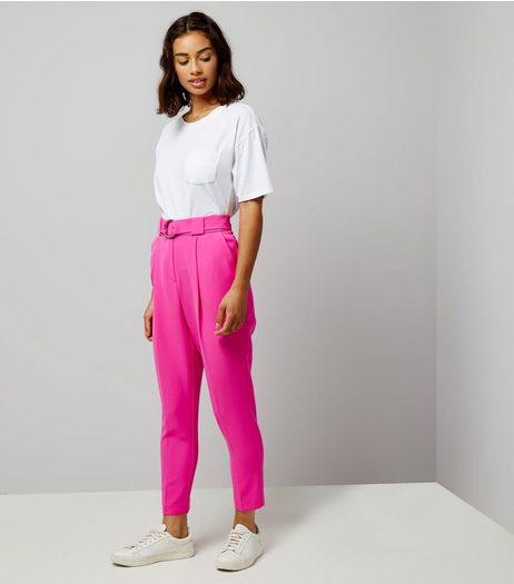 Petite Bright Pink Circle Belt Slim Leg Trousers | New Look