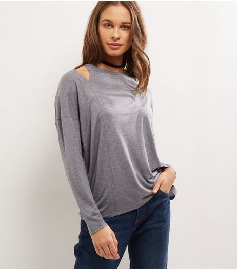 Grey Cut Out Long Sleeve Dip Hem Top | New Look