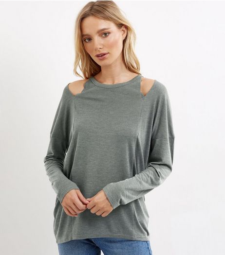 Khaki Cut Out Long Sleeve Top | New Look