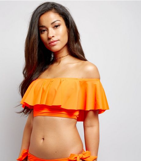 Orange Bardot Neck Frill Trim Bikini Top | New Look