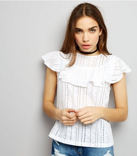 White Cut Out Frill Trim Short Sleeve Top | New Look