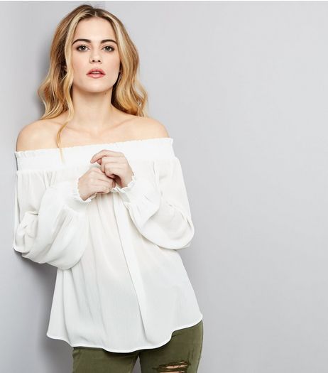White Shirred Bardot Neck Top | New Look