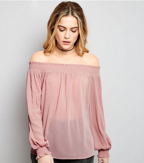 Shell Pink Cuffed Sleeve Bardot Neck Top | New Look