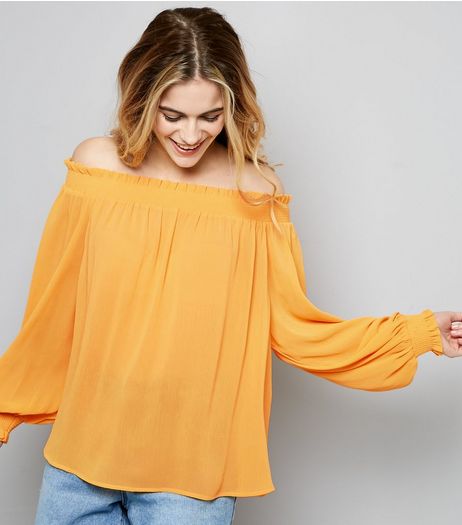 Yellow Cuffed Sleeve Bardot Neck Top | New Look