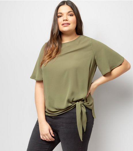 Curves Khaki Tie Side T-Shirt | New Look